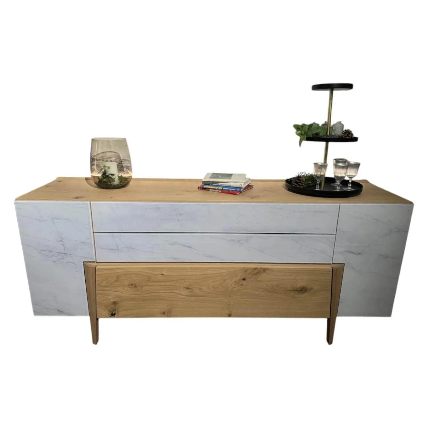 Voglauer Kommoden & Sideboards|Sideboard Vtektura TESH19H Echtholzfurnier Wildeiche Rustiko Schwarz Front Glas Firneis White Weiß Abdeckplatte Echtholzfurnier Inklusive Beleuchtung