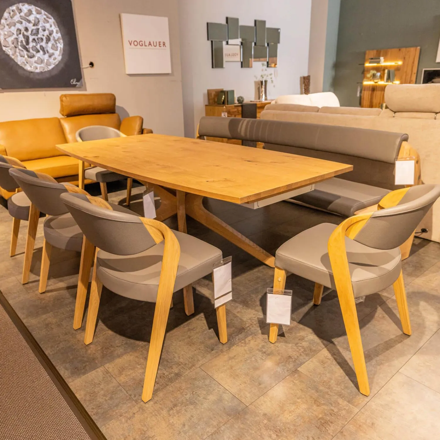 Voglauer Bänke|Sitzbank V Alpin Bezug Leder Montan Lp Cenere Grau Gestell Eiche Altholz Naturöl