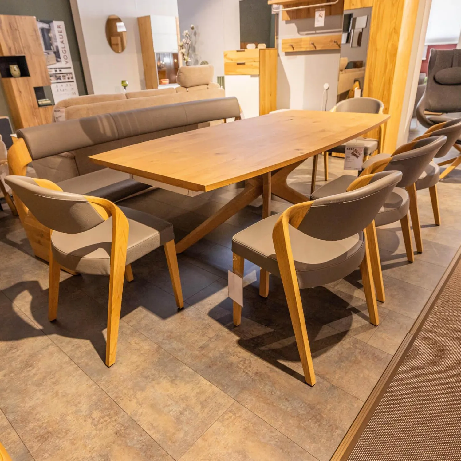 Voglauer Bänke|Sitzbank V Alpin Bezug Leder Montan Lp Cenere Grau Gestell Eiche Altholz Naturöl