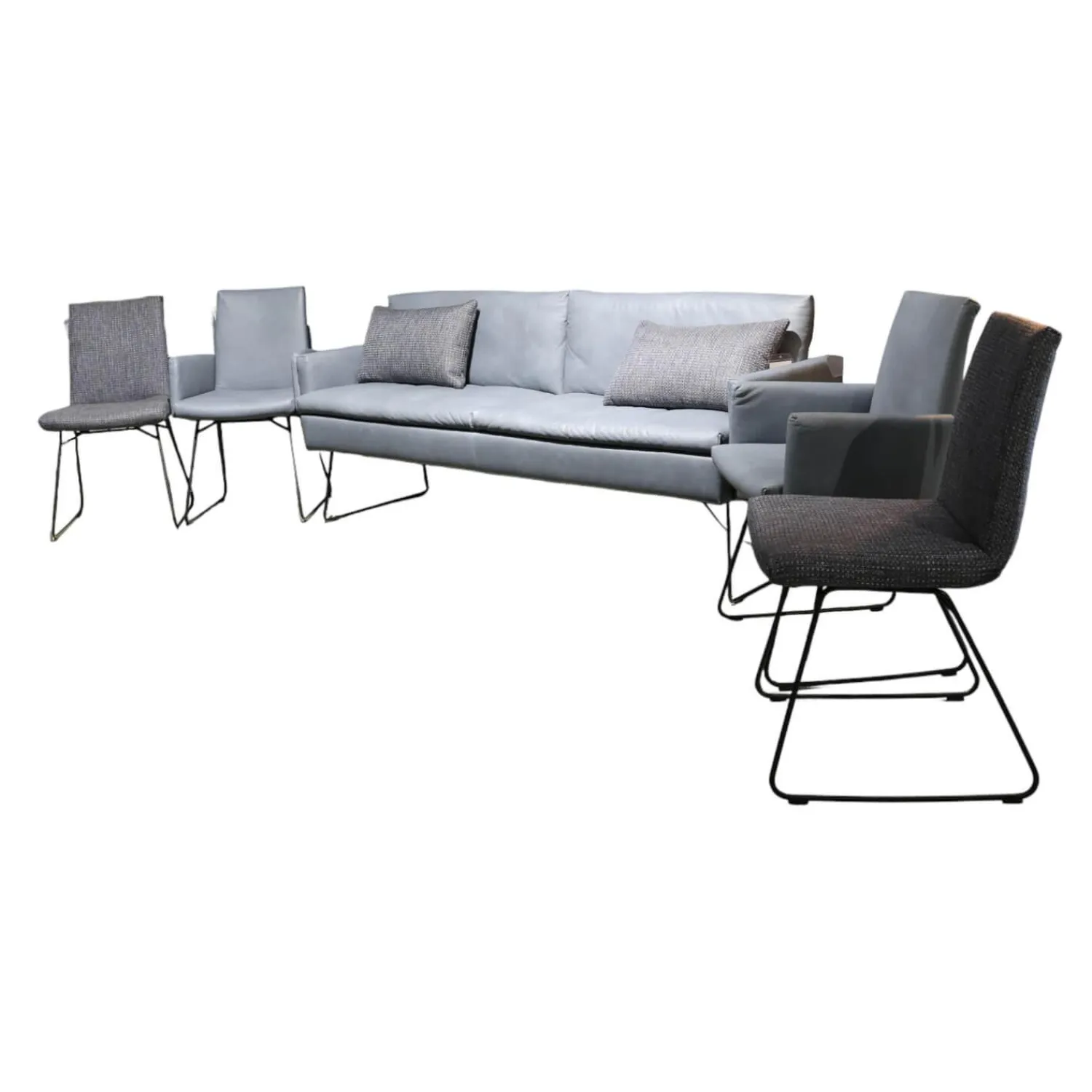 WK Wohnen Stuhlsets|Sitzgruppe Bezug Echtleder Z6927 Blue Blau Und Stoff O7226 Dove Blue Grau Gestell Schwarz