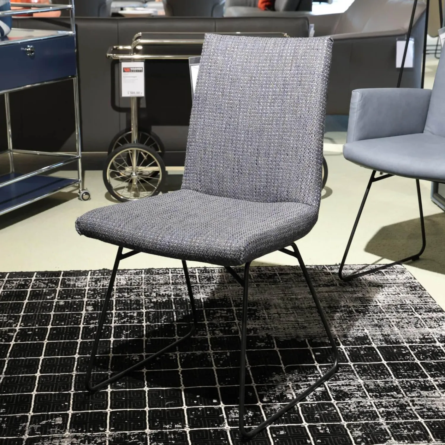 WK Wohnen Stuhlsets|Sitzgruppe Bezug Echtleder Z6927 Blue Blau Und Stoff O7226 Dove Blue Grau Gestell Schwarz