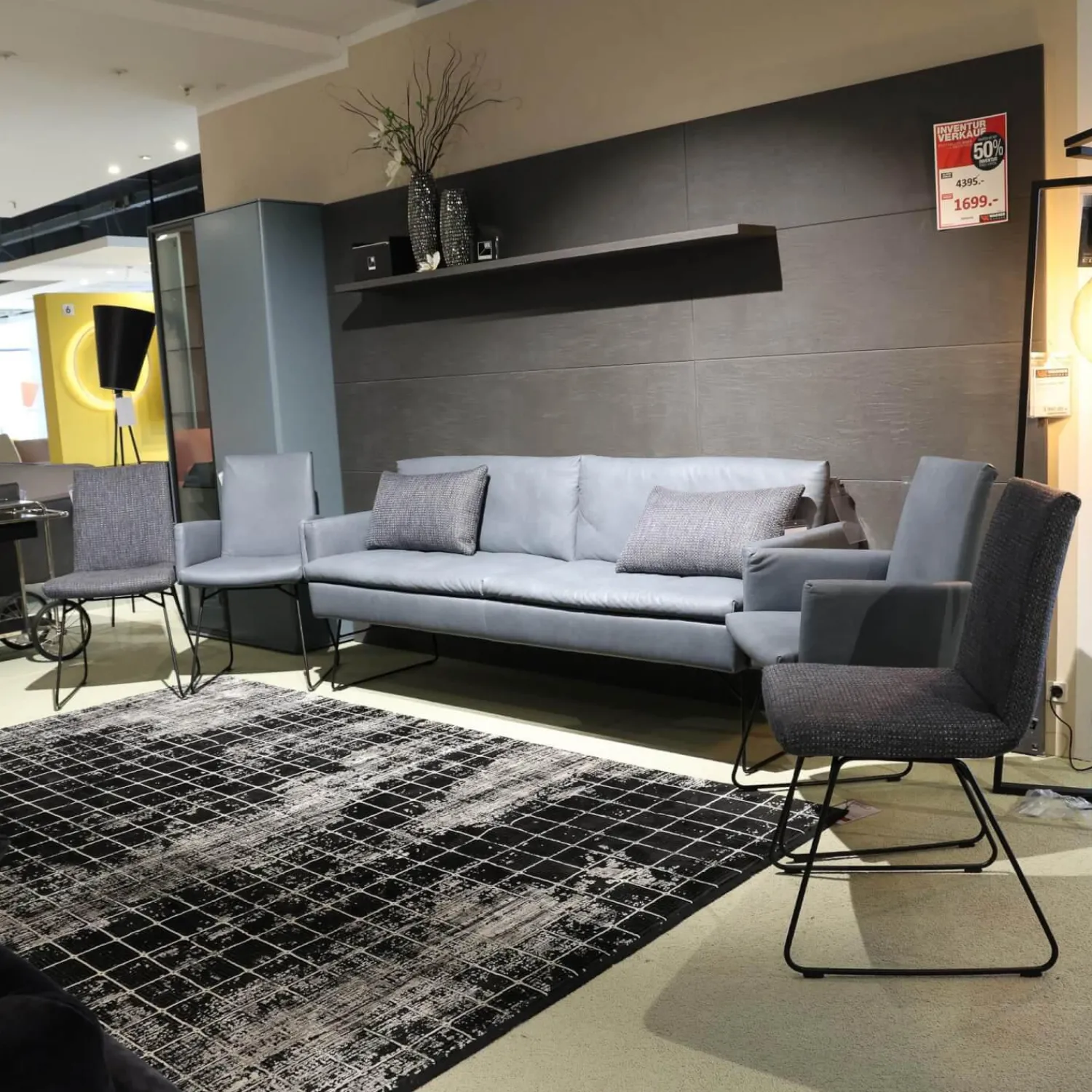 WK Wohnen Stuhlsets|Sitzgruppe Bezug Echtleder Z6927 Blue Blau Und Stoff O7226 Dove Blue Grau Gestell Schwarz