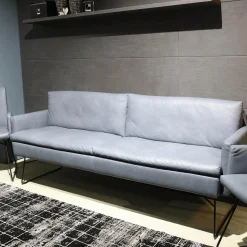 WK Wohnen Stuhlsets|Sitzgruppe Bezug Echtleder Z6927 Blue Blau Und Stoff O7226 Dove Blue Grau Gestell Schwarz