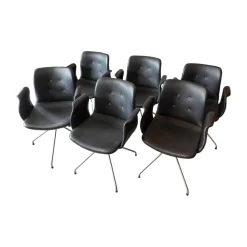 Bent Hansen Stuhlsets|Sitzgruppe Dreharmlehnstuhl Primum Bezug Schwarzes Leder Metallgestell Pulverbeschichtet