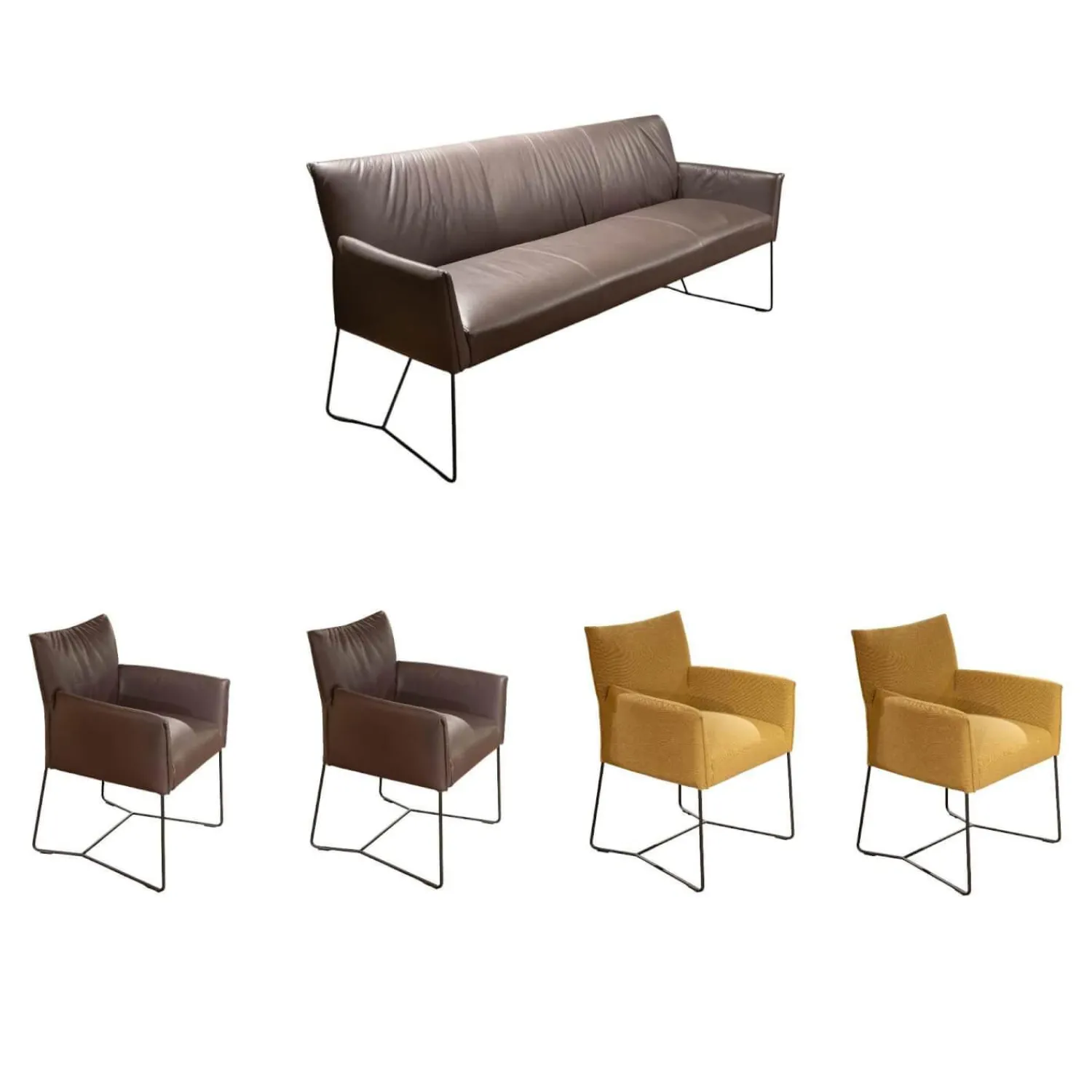 Musterring Stuhlsets|Sitzgruppe Picara Leder 3 Lomé Anthrazit Und Stoff VI Hugo Mustard Gelb Gestell Metall Schwarz