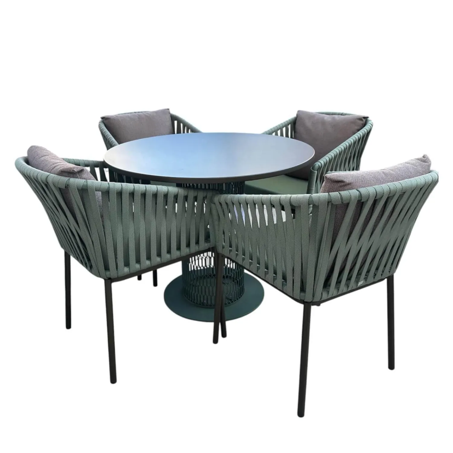 Kettal Essgruppen|Sitzgruppe Tisch Comedo Platte Aluminium Bronze Stuhl Bitta Bandgeflecht Bucket Rope Z21 Grün Gestell Aluminium Schwarz