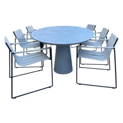 Royal Botania Essgruppen|Sitzgruppe Tisch Conix Ellipse Platte Beton Cement Grau Stuhl Strappy 55 Polster Natural Linen Beige Gestell Anthrazit