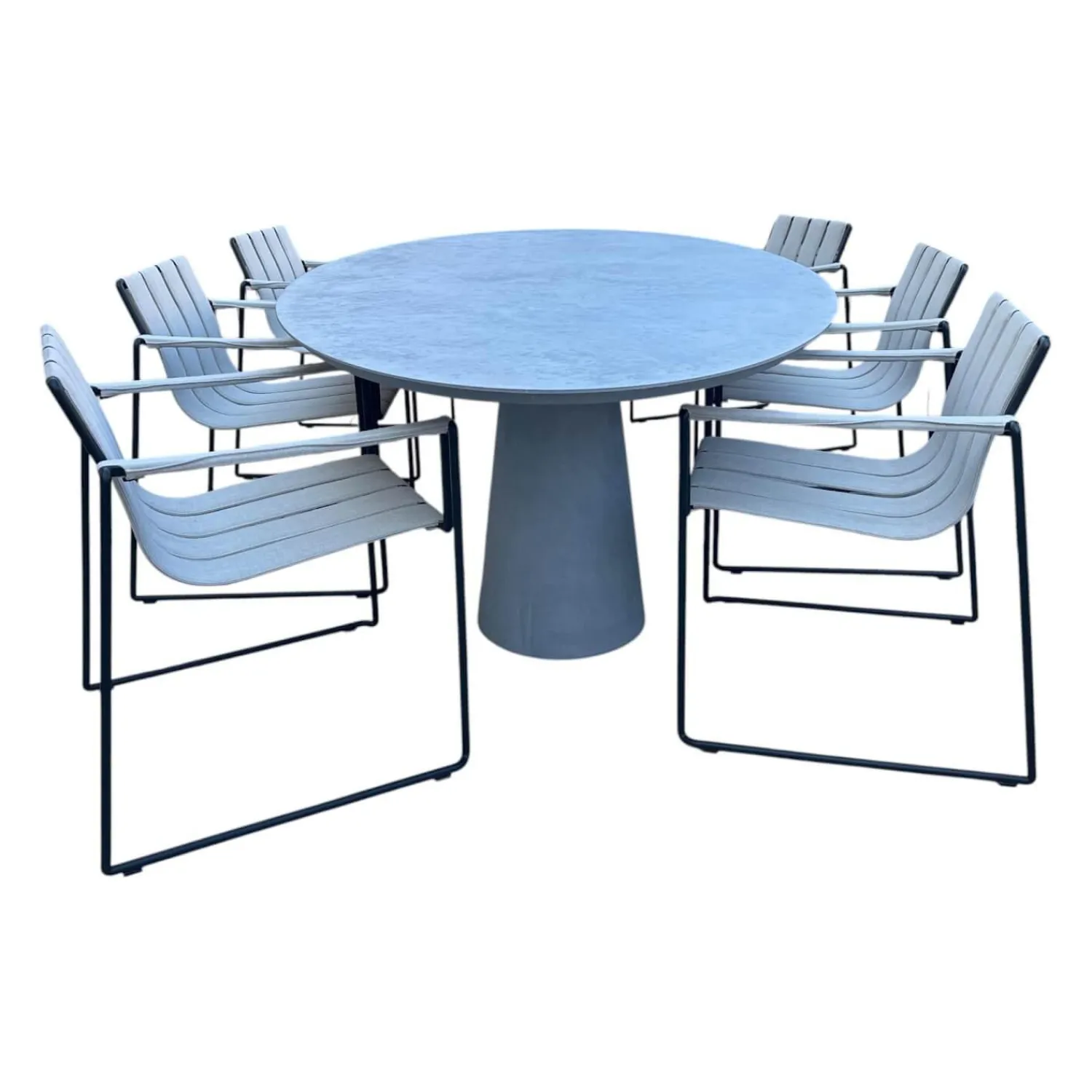 Royal Botania Essgruppen|Sitzgruppe Tisch Conix Ellipse Platte Beton Cement Grau Stuhl Strappy 55 Polster Natural Linen Beige Gestell Anthrazit