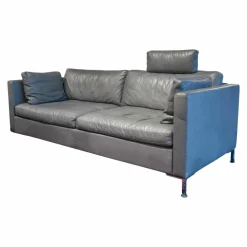 Brühl 2-Sitzer-Sofas|Sofa Alba Leder Lama 5669-95 Grau Füße Metall Verchromt mit Kopfstütze