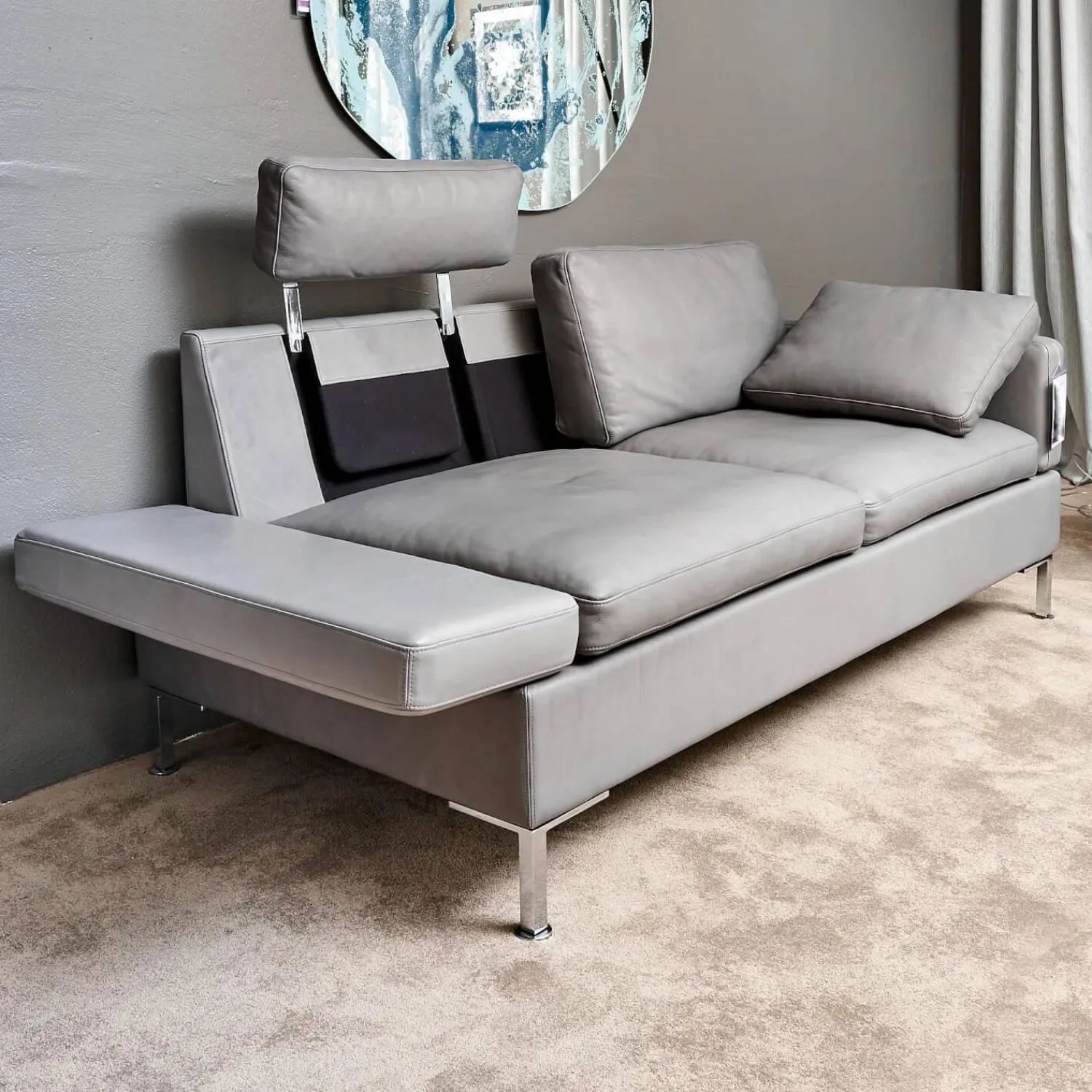 Brühl 2-Sitzer-Sofas|Sofa Alba System M Leder 5707 Pearl 0095 Grau Winkelfuß Verchromt Mit Kopfstütze
