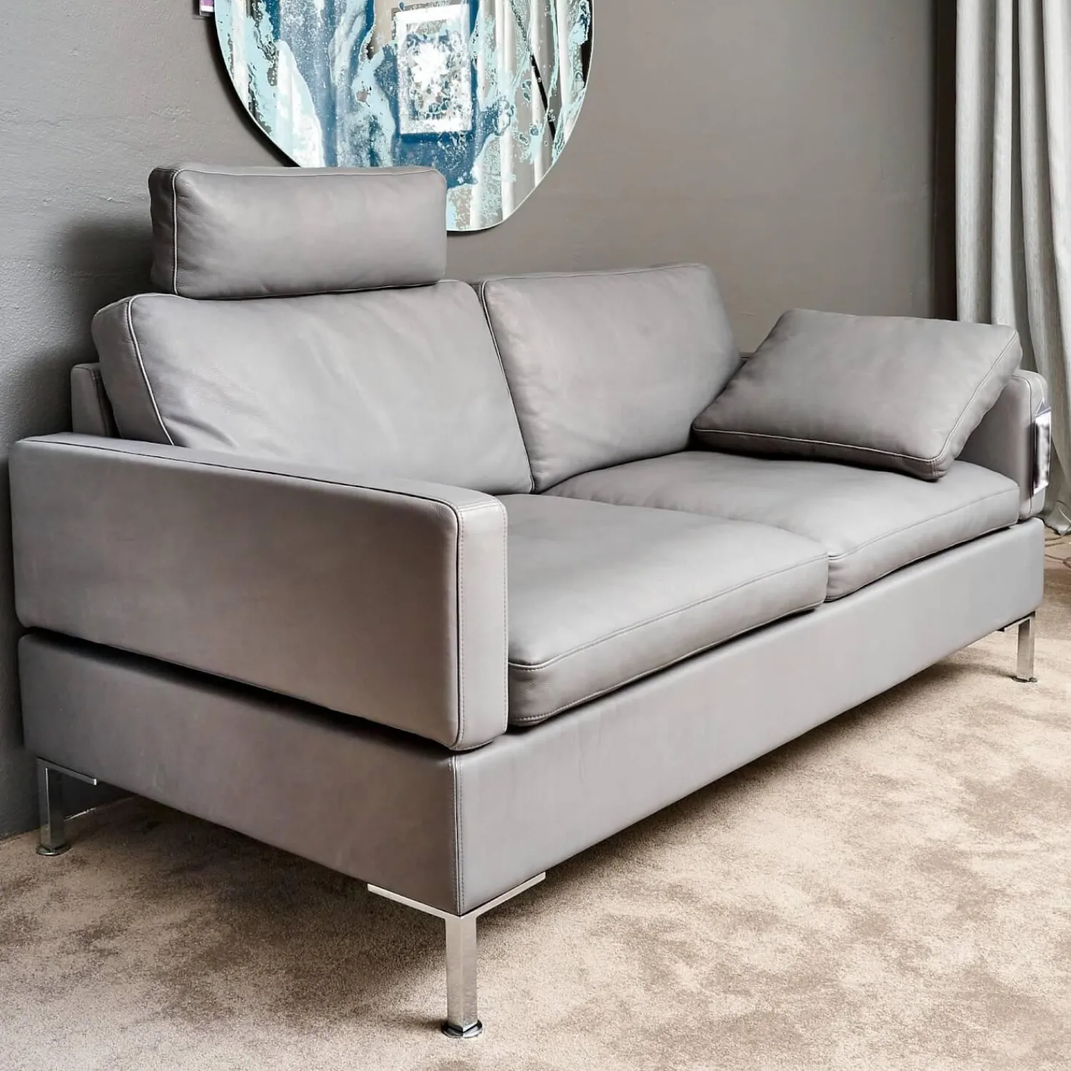 Brühl 2-Sitzer-Sofas|Sofa Alba System M Leder 5707 Pearl 0095 Grau Winkelfuß Verchromt Mit Kopfstütze