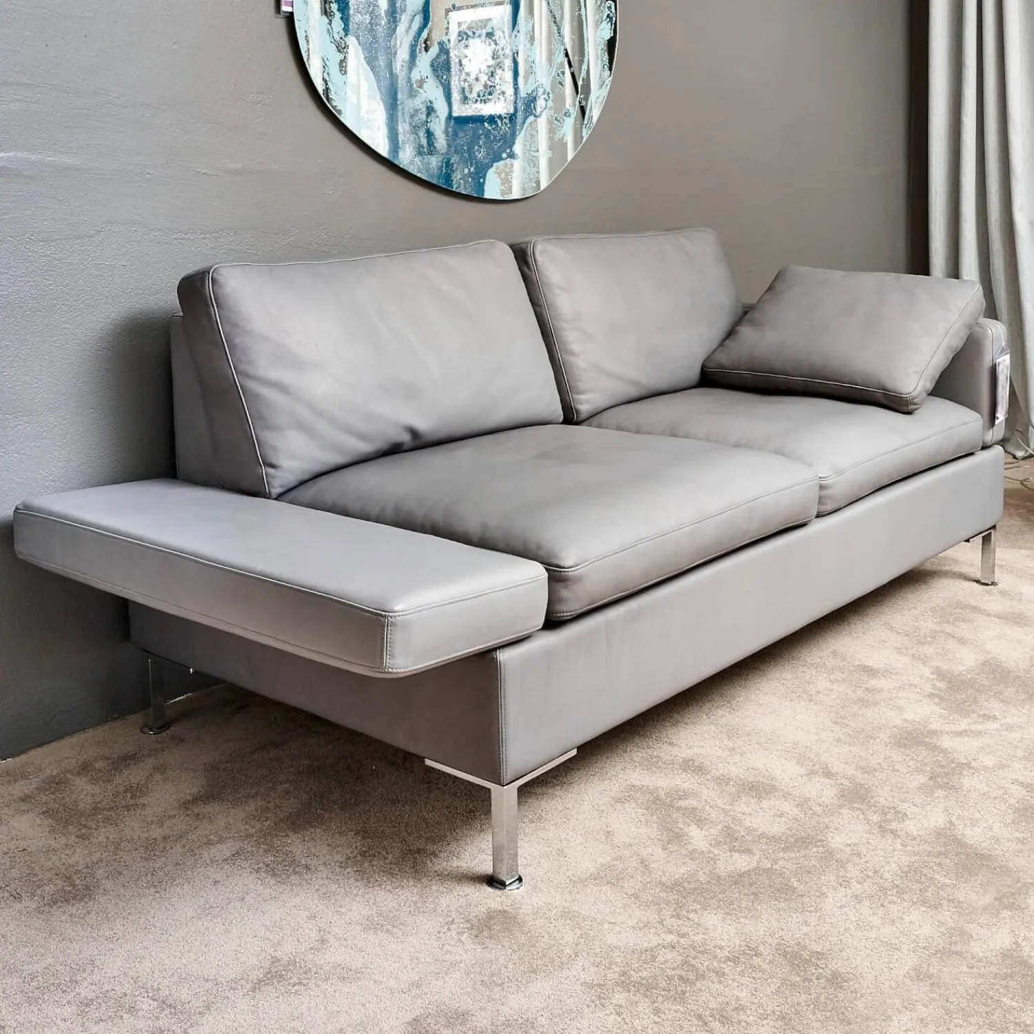 Brühl 2-Sitzer-Sofas|Sofa Alba System M Leder 5707 Pearl 0095 Grau Winkelfuß Verchromt Mit Kopfstütze