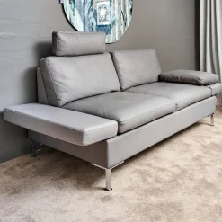 Brühl 2-Sitzer-Sofas|Sofa Alba System M Leder 5707 Pearl 0095 Grau Winkelfuß Verchromt Mit Kopfstütze