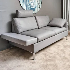 Brühl 2-Sitzer-Sofas|Sofa Alba System M Leder 5707 Pearl 0095 Grau Winkelfuß Verchromt Mit Kopfstütze