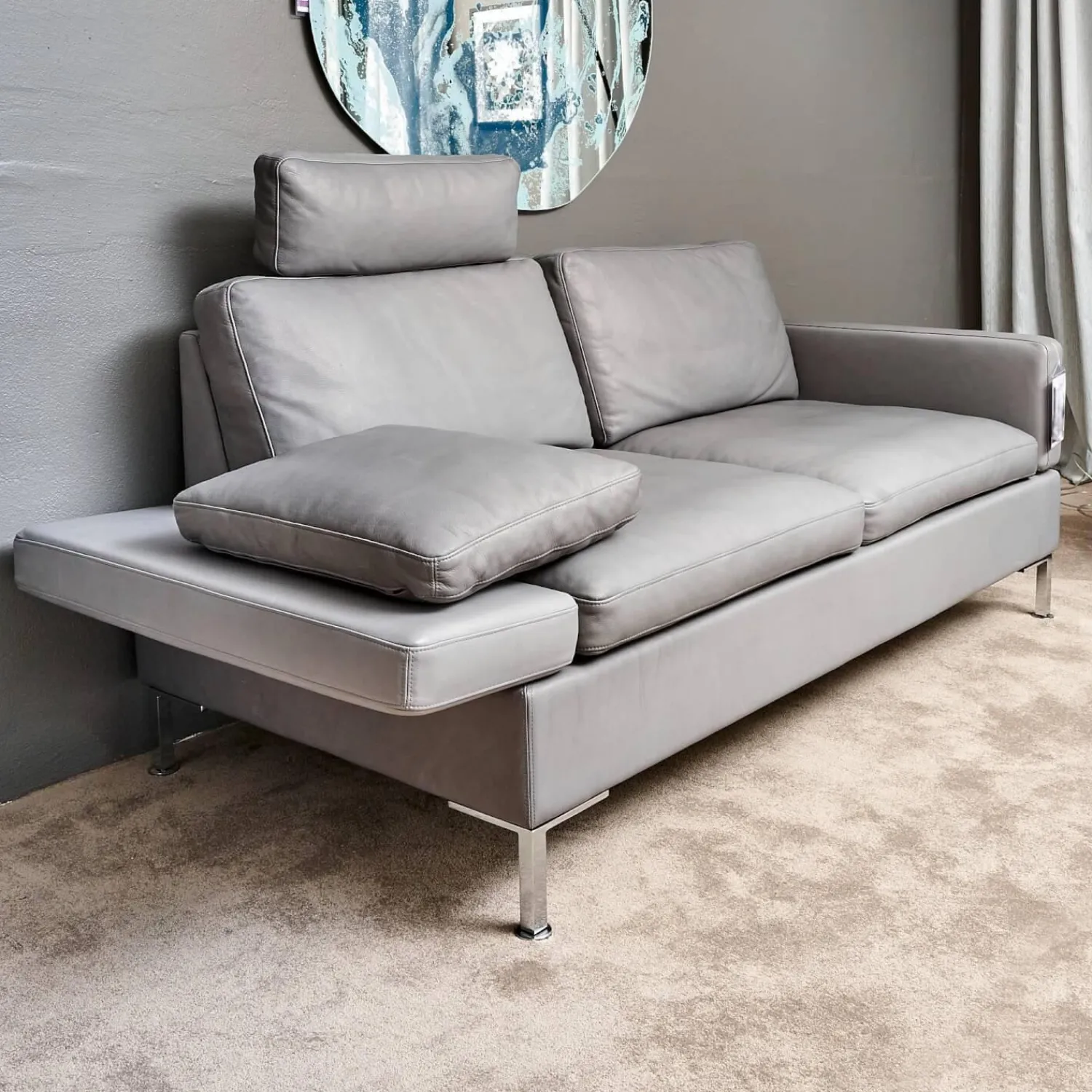 Brühl 2-Sitzer-Sofas|Sofa Alba System M Leder 5707 Pearl 0095 Grau Winkelfuß Verchromt Mit Kopfstütze