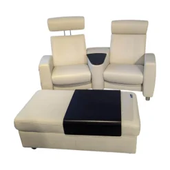 Stressless 2-Sitzer-Sofas|Sofa Arion Leder Paloma Light Grey Grau Stahlfuß 001 Edelstahl Poliert Holzteile Wenge Kopfstütze Höhenverstellbar Inklusive Hocker Mit Tischablage