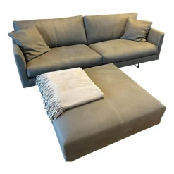 Montis 2-Sitzer-Sofas|Sofa Axel Leder Novara Turtle Grün Grau Füße Stahl Lackiert Schwarz Inklusive Hocker Ohne Decke