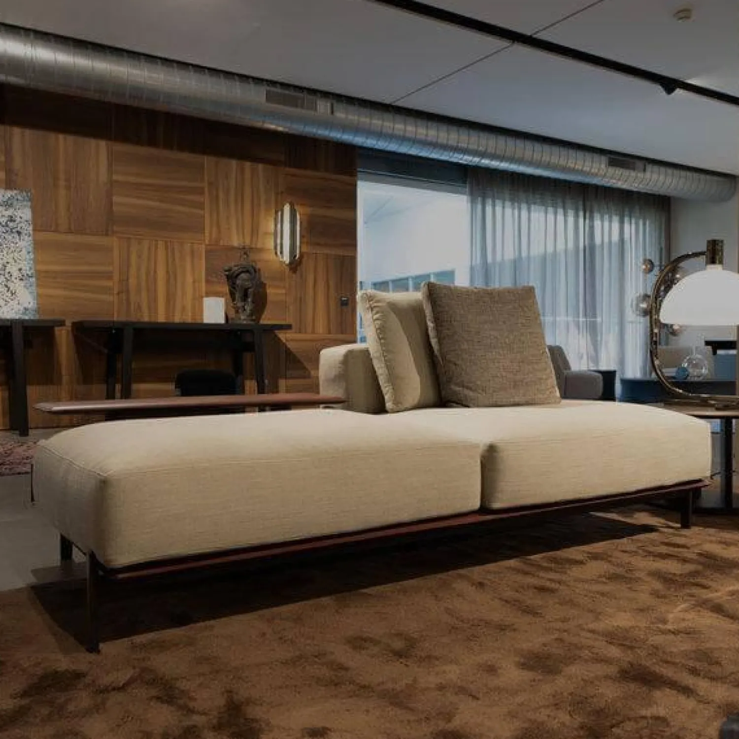 Poliform Wohnlandschaften|Sofa Brera Stoff Kiala Champagne Beige Kernleder Castagna Braun Basis Nickel Matt Brown Braun Mit Kissen