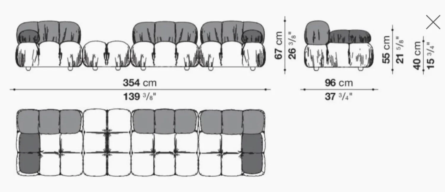 B&B Italia 3-Sitzer-Sofas|Sofa Camaleonda Stoff Magnolia Perlgrau Untergestell MDF Füße Buche Natur