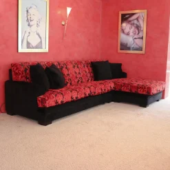 Finkeldei Ecksofas|Sofa 2,5-Sitzig Merkur Sonderstoff Jab Anstotz Rot Schwarz Füße Schwarz Lackiert