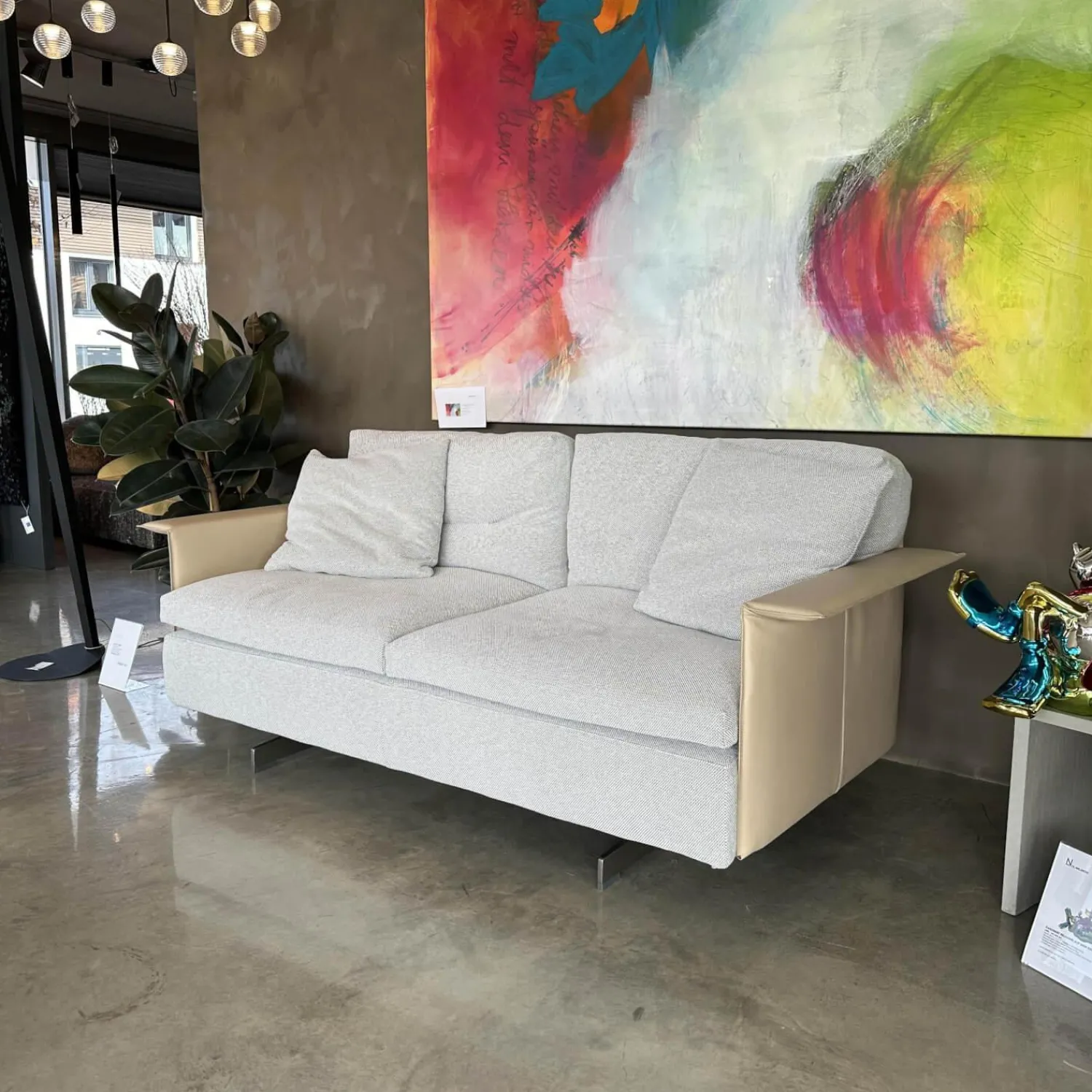 Poltrona Frau 2-Sitzer-Sofas|Sofa Zweisitzer Grantorino Stoff Col. Tess Bouce Sabbia Grau Leder Saddle Beige