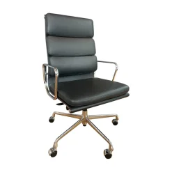 Vitra Bürostühle|Stuhl EA219 Softpad Leder Cuir Nero Schwarz Gestell Aluminium Verchromt Füße Rollen Schwarz