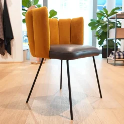 KFF Einzelstühle|Stuhl Gaia Bezug Sitz Leder Sauvage Anthrazit Rücken Stoff Seven Ocre Gelb Metallgestell Struktur Schwarz
