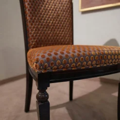 Finkeldei Einzelstühle|Stuhl Modell Gabriella 223 Stoff Bezug Toul 33 118 Goldgelb Braun Nussbaum Dunkel Hochglanz Sichtholzgestell Gebeizt und Lackiert