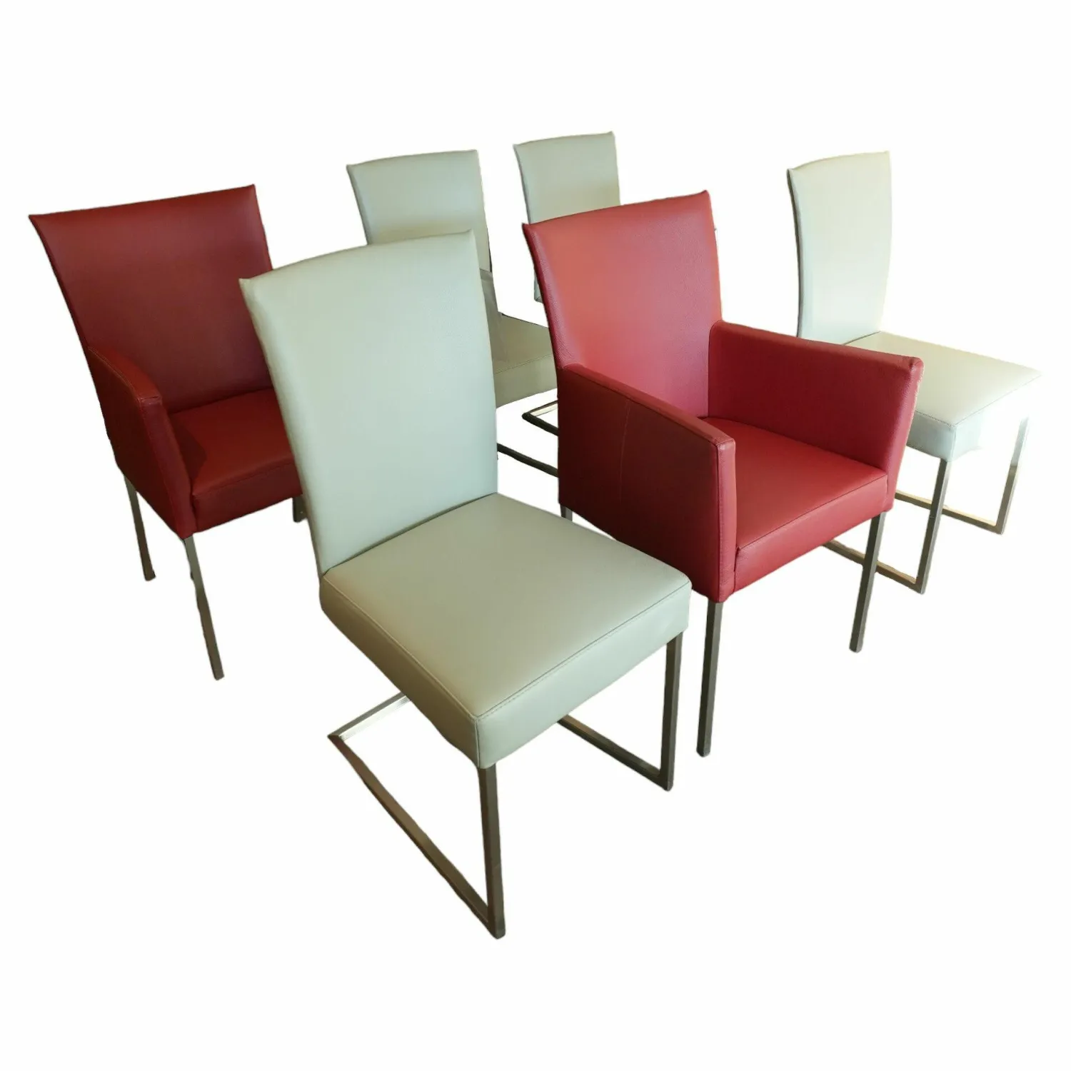 Musterring Stuhlsets|Stuhlgruppe Nova Stuhlwerk Leder Tendens Paprika Rot Und Kiesel Grau Gestell Edelstahl Quadratisch