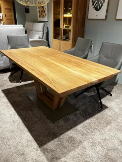 Global Esstische|Säulen-Esstisch Faro Plus Platte Kernbuche Geölt Bodenplatte Edelstahloptik Mit Auszug