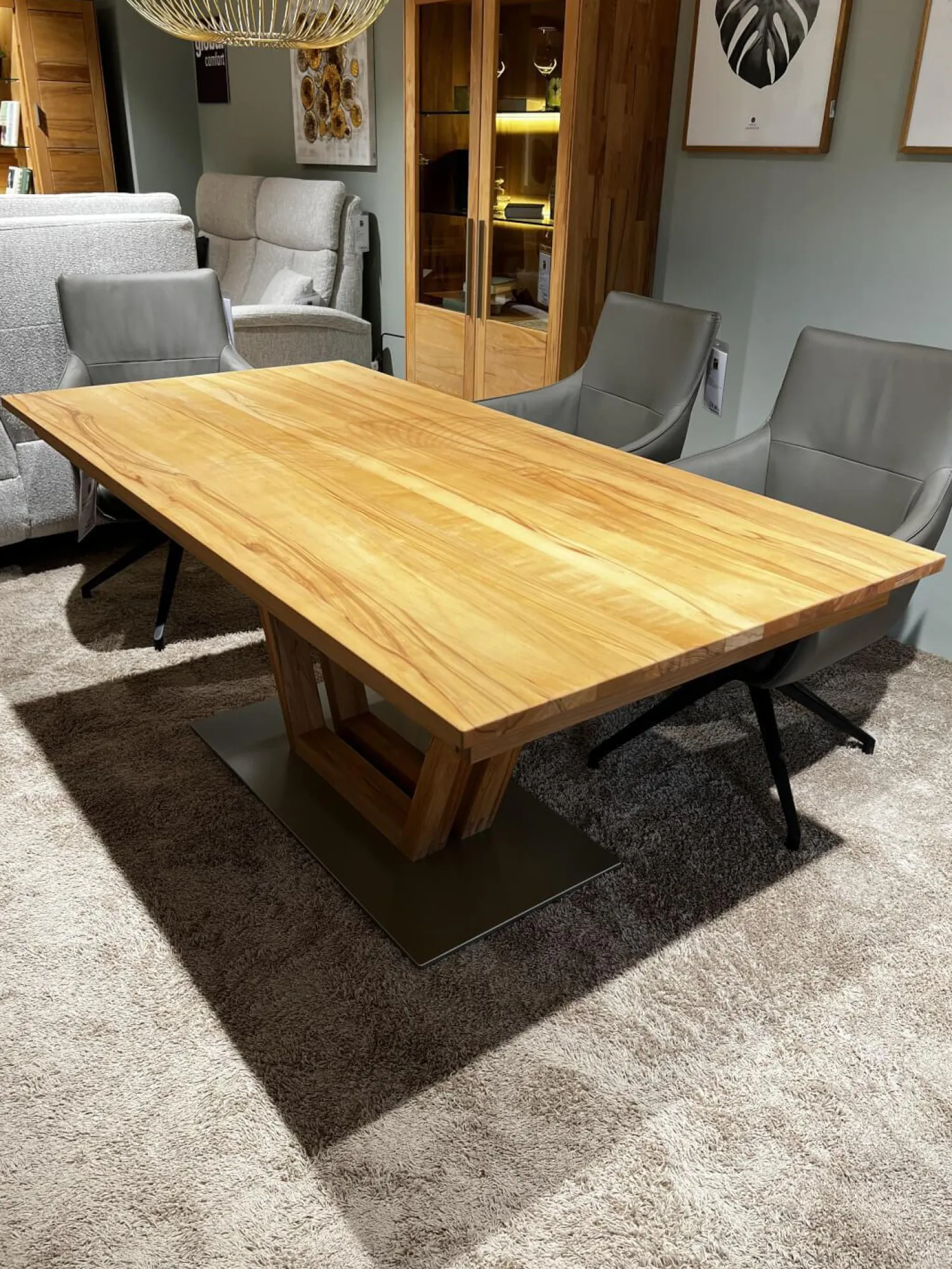 Global Esstische|Säulen-Esstisch Faro Plus Platte Kernbuche Geölt Bodenplatte Edelstahloptik Mit Auszug