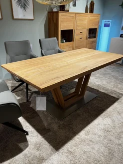 Global Esstische|Säulen-Esstisch Faro Plus Platte Kernbuche Geölt Bodenplatte Edelstahloptik Mit Auszug