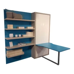 Clei Regale|Systemwand Telemaco Strukturlack Canapa Hellblau Und Weiss Mit LED Beleuchtung Und Intrigierten Klappbett Ohne Dekoration