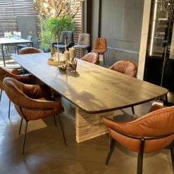 Janua Esstische|Tisch BC 17 T-Rox Platte Eiche Geräuchert Anthrazit Geölt Gestell Travertin Titanium