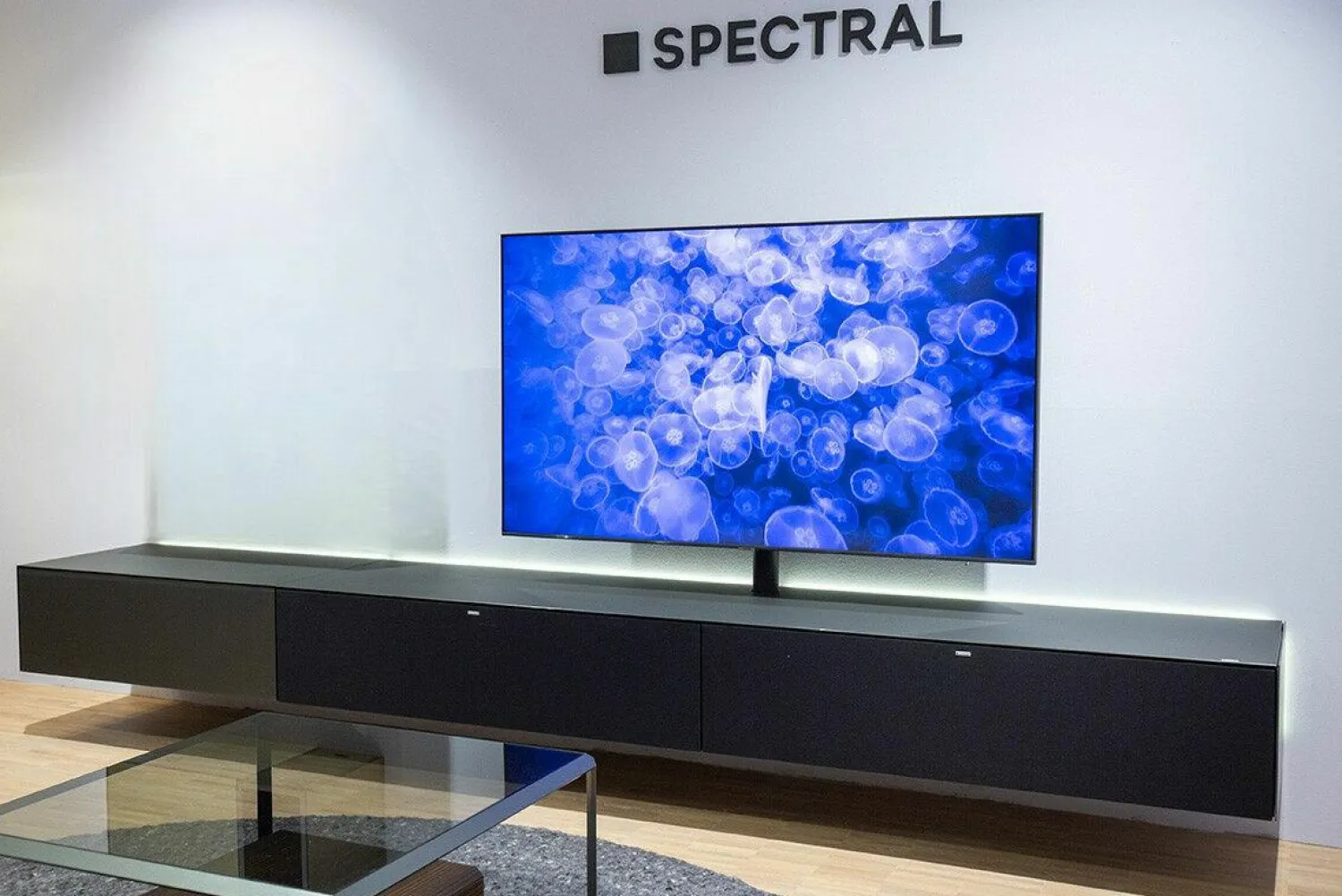 Spectral Smart Furniture Wohnwände & Tv-Lowboards|TV Board Ameno Colour Glas Granit Schwarz Grau Und Akustikstoff Fronten Mit Indirekte Beleuchtung Inklusive Medienpaket