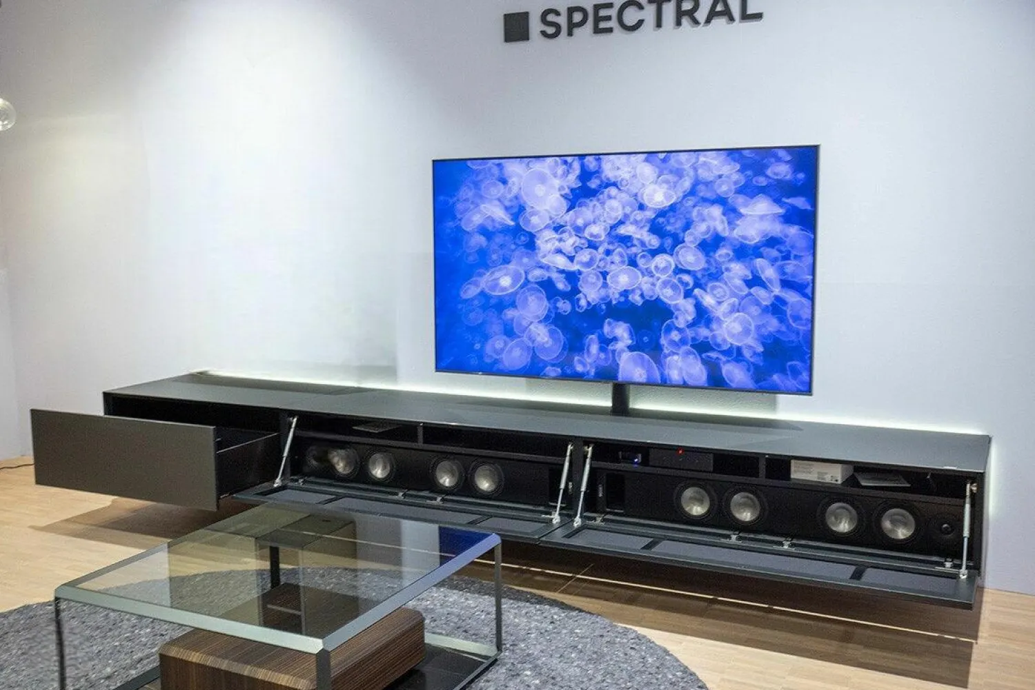 Spectral Smart Furniture Wohnwände & Tv-Lowboards|TV Board Ameno Colour Glas Granit Schwarz Grau Und Akustikstoff Fronten Mit Indirekte Beleuchtung Inklusive Medienpaket
