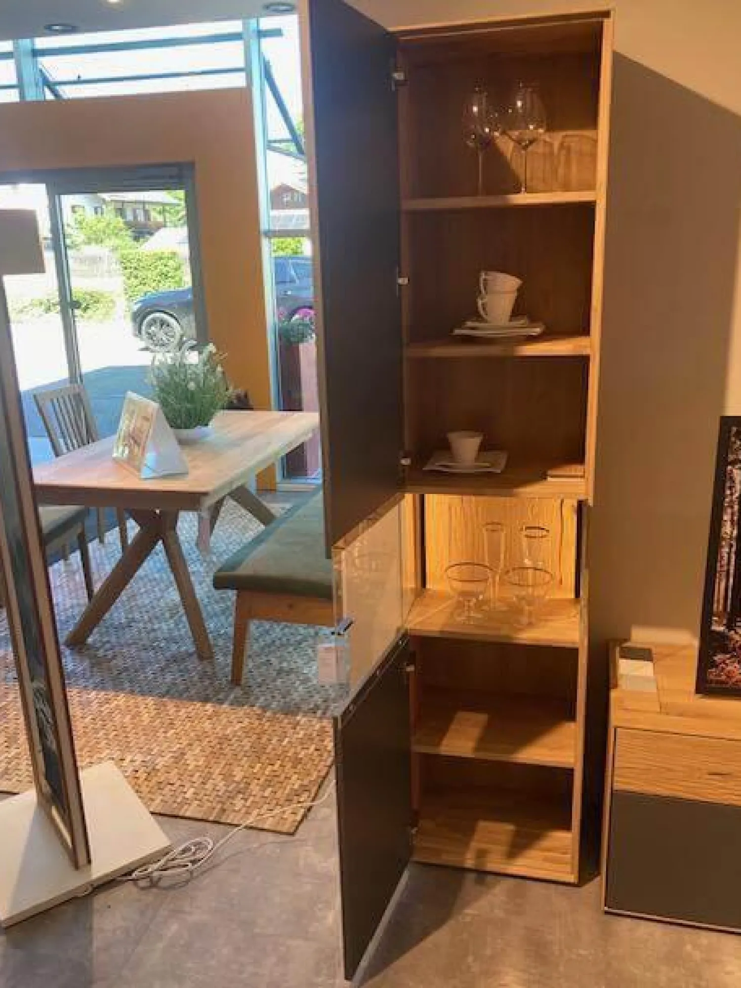 Natura Wohnwände & Tv-Lowboards|Vitrine Tucson Wildeiche Massiv Gebürstet Und Lack Graphitgrau Mit Beleuchtung