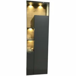 Venjakob Vitrinen & Highboards|Vitrine Vino Lack Schiefergrau Grau Matt Griffe Aluminium Schiefergrau Matt Rückwand Wildeiche Hell Soft Gebürstet Und Geölt Mit LED-Beleuchtung