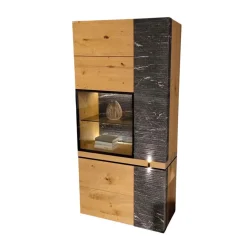 Voglauer Vitrinen & Highboards|Vitrine V-Rock Alteiche Rustiko Gebürstet Steinakzent Alpengranit Schroff Schwarzgrau