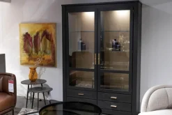 Form Exclusiv Vitrinen & Highboards|Vitrinenschrank Bordeaux Europäische Kirsche Anthrazit Reliefstruktur Rückwand Goldfarbig