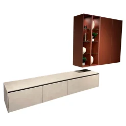 Nobilia Wohnwände & Tv-Lowboards|Wohnkombination 371 Riva Lack 842 Beton Sand Beige Und 122 Sand Rot Mit Beleuchtung