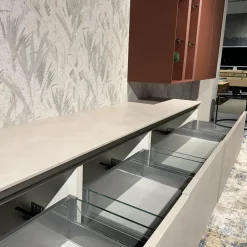 Nobilia Wohnwände & Tv-Lowboards|Wohnkombination 371 Riva Lack 842 Beton Sand Beige Und 122 Sand Rot Mit Beleuchtung