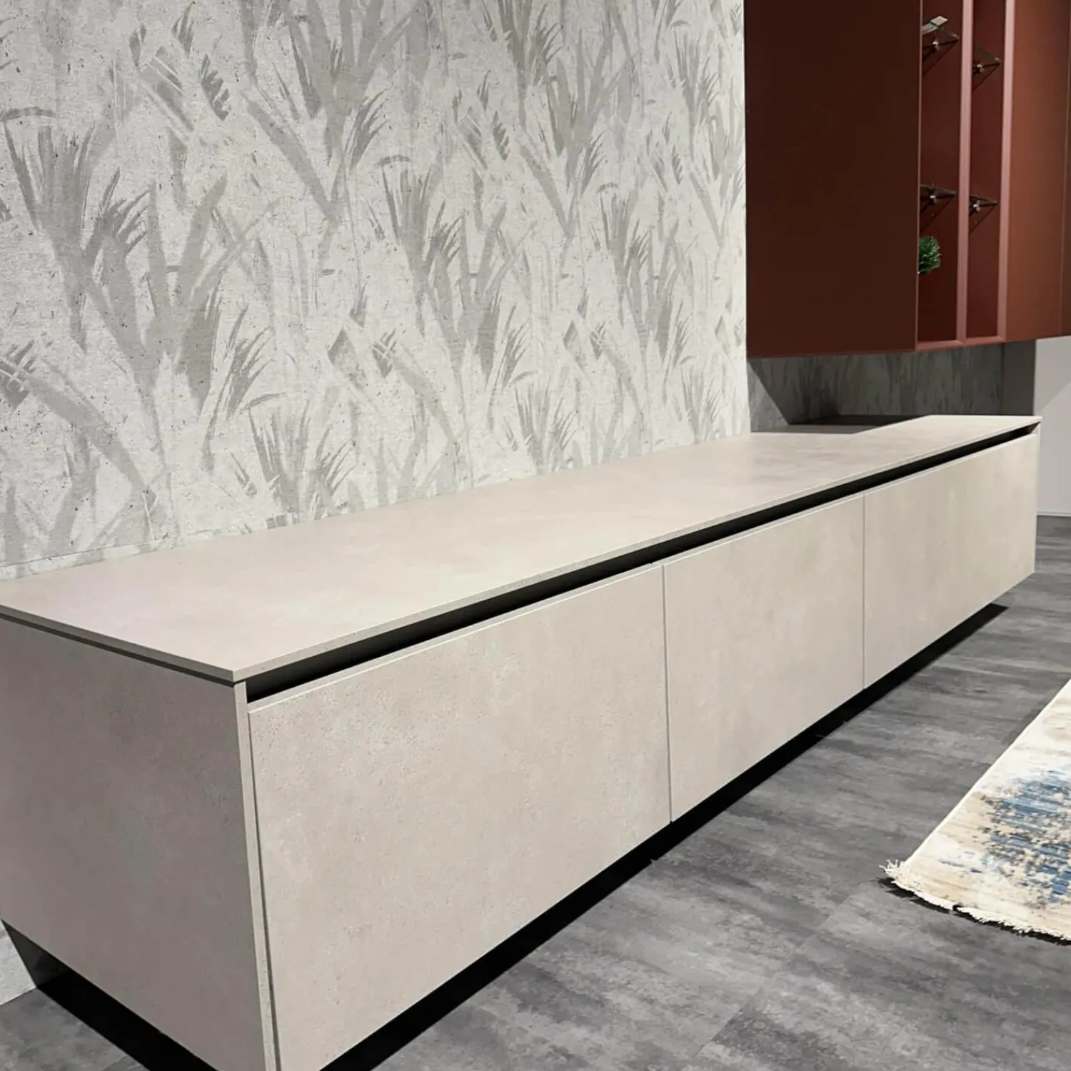 Nobilia Wohnwände & Tv-Lowboards|Wohnkombination 371 Riva Lack 842 Beton Sand Beige Und 122 Sand Rot Mit Beleuchtung