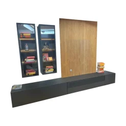 Sudbrock Wohnwände & Tv-Lowboards|Wohnkombination Cubo Lack Quarz Schwarz Paneel Eiche Astig Wandschrank Aluminium Glastür Schwarz Mit Beleuchtung