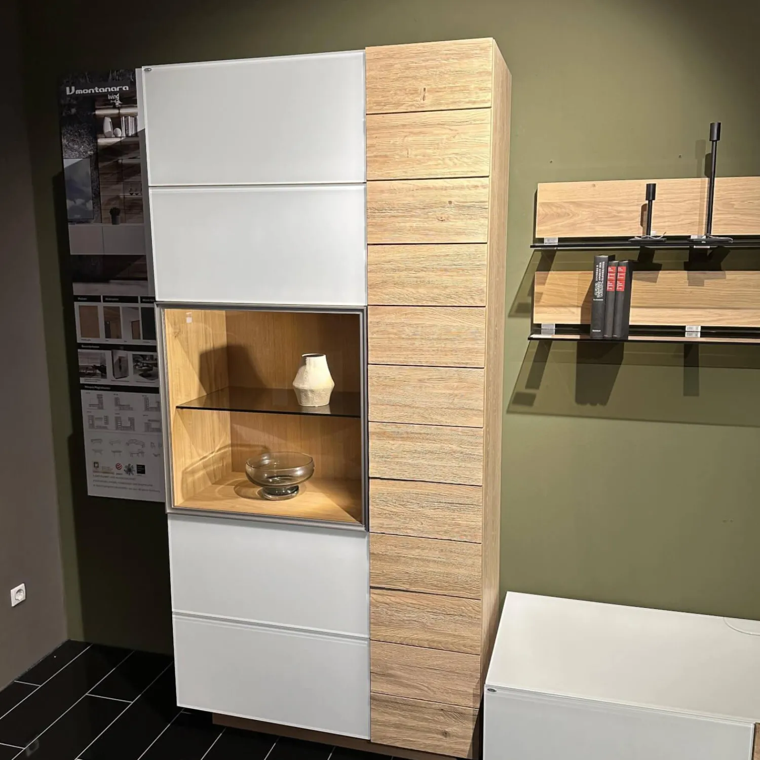 Voglauer Wohnwände & Tv-Lowboards|Wohnkombination Vmontanara Wildeiche Geölt Akzent Glas Optiwhite Weiß Mit Beleuchtung