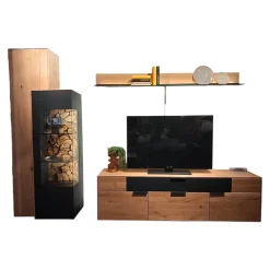 Wöstmann Wohnwände & Tv-Lowboards|Wohnkombination WM 2140 Wildeiche Massiv Soft Gebürstet Metallteile Carbonfarbig Anthrazit Strukturgepulvert