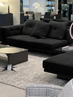 Minotti Wohnlandschaften|Wohnlandschaft Dylan Stoff Ginza Col. 09 Nero Schwarz Basis Leder Nabuk Kufen Zinnfarbig