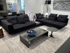 Minotti Wohnlandschaften|Wohnlandschaft Dylan Stoff Ginza Col. 09 Nero Schwarz Basis Leder Nabuk Kufen Zinnfarbig