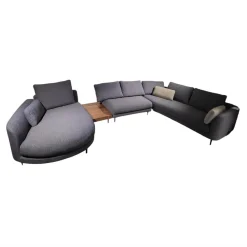 Rolf Benz Wohnlandschaften|Wohnlandschaft Kumo Stoff 17 705 Stahlblau Grau Fuß Aluminium Glatt RAL 9017 Verkehrsschwarz Mit Ablage Nussbaum Und Kissen