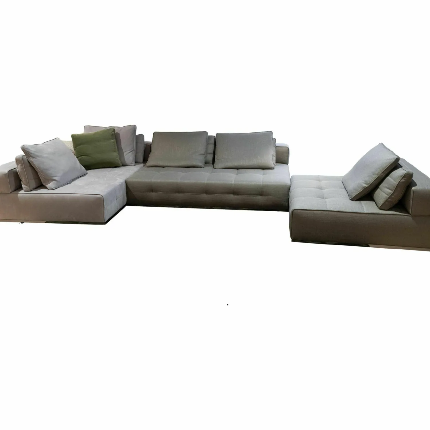 Minotti Wohnlandschaften|Wohnlandschaft Lawrence Clan Leder Nabuk 08 Tortora Braun Grau Stoff Aida 06 Peltro Braun Grau Stoff Hunt 21 Verde Olio Grau Grün Füße Massiveholz Grau